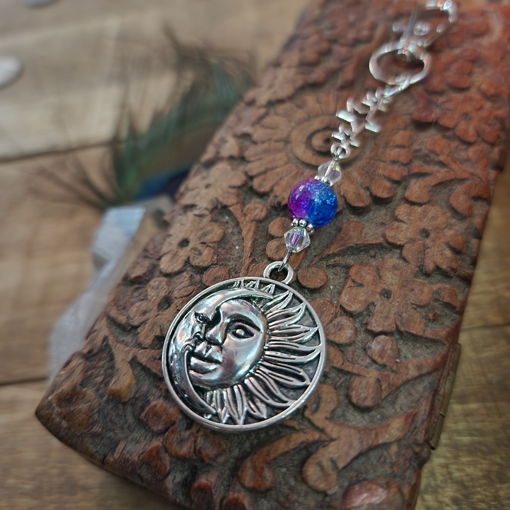 Sun Moon Pursecharm Celestial Bag Charm Pink & Blue Beaded Crystal Star Keychain